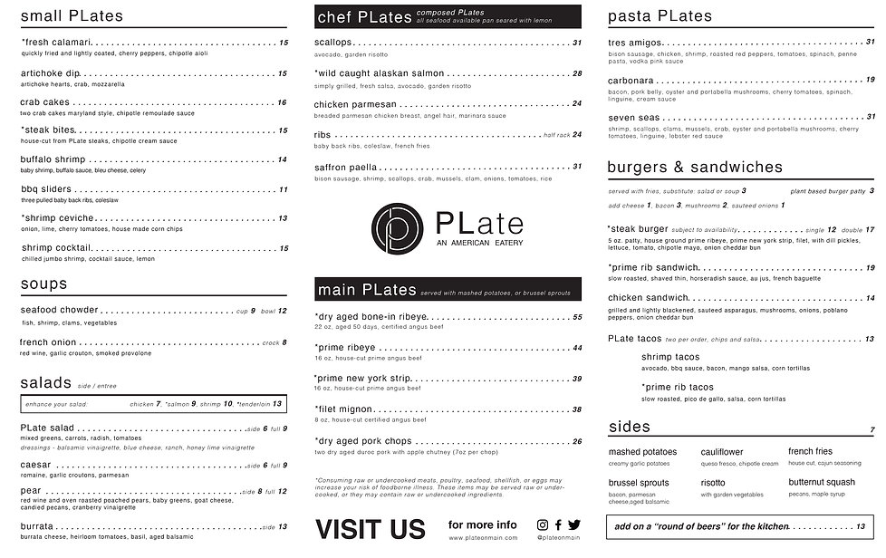 MENUS PLate on Main Prior Lake, MN